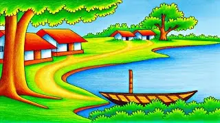 How to Draw Easy Riverside Village Drawing | Beautiful Indian Village Scenery Step-by-Step