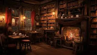 19th Century London : A Night Rainy Bookshop & Coffee Shop with Fireplace