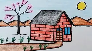 Easy landscape drawing for kids | House and nature drawing