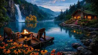 🔥 24/7 Cozy Lake Cabin Live 🌊 Waterfall & Campfire | Relax & Sleep