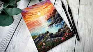 Dramatic sunset seashore \ Step by step tutorial \ Acrylic painting