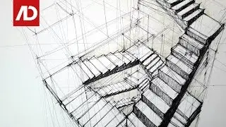 Drawing Stairs Composition in Three Points Perspective | Daily Architecture Sketches #19