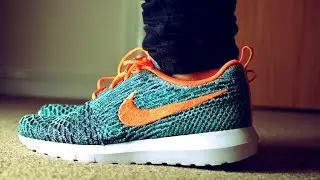 Nike Roshe Run NM Flyknit Aqua Green & Orange On Feet HD