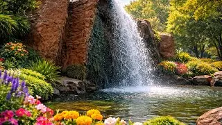  Beautiful Artificial Waterfall in Public Park | Relaxing Nature View with Flowers and Plants