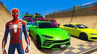 GTA V SPIDERMAN SOLO Epic Mega Crazy Stunt Challenge \ SUPERHERO Pink, Green, Yellow, Red!