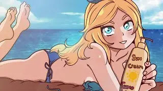 Putting lotion on blonde girl in bikini