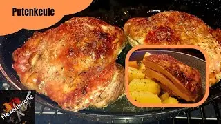 Putenkeulen aus dem Backofen. Saftig, mit knuspriger Haut und leckerer Sauce.