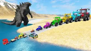 Big & Small Tractor Cars vs Deep Water - Double Flatbed Trailer Truck Car Rescue - BeamNG.Drive