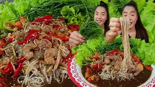 กินตำกุ้งสดเผ็ดๆนัวร์ปลาร้านัวร์ฉ่ำ ยอดชะอมเหม็นมันๆ #mukbang #แม่น้องยูทูป #eating #อิหล่าพากิน