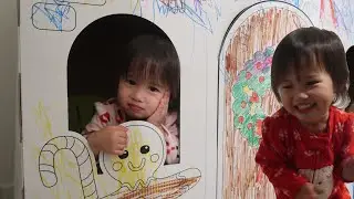 Twins play Giant CardBoard Ginger Bread PlayHouse Wondershop Color-your-own TARGET