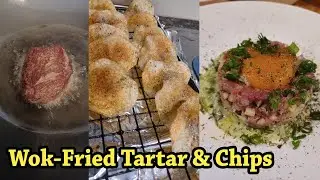 Wok-Fried Beef Tartar with Potato Chips, Toasted Seaweed Seasoning