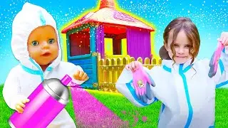 Maya y Lina pintan la casa de las princesas. Vídeo infantil con Baby Born para niñas