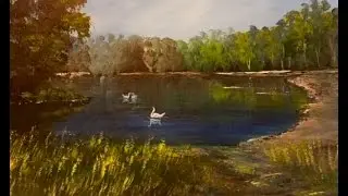 Как Акрилом  рисовать деревья,траву, озеро. Лессировка. How to paint Trees, Lake, Grass in acrylic