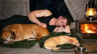 Hot Tent Camping with Dogs and Puppy – Alone by the River Fishing at Night