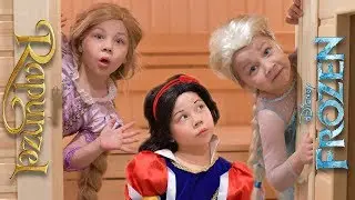 Princess Disney in the sauna, in real life. Rapunzel and Elsa froze Snow White