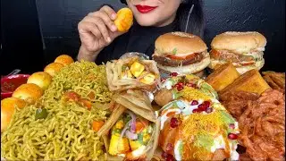 ASMR EATING MAGGI MASALA NOODLES,MASALA EGGS,DAHI KACHORI,ONION PAKORA,ALOO TIKKI BURGER