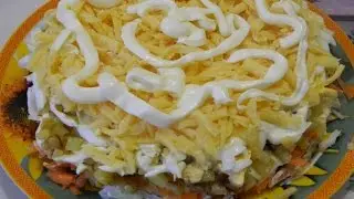 Салат с свиным сердцем и жареным картофелем под майонезом. Салаты.