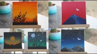 5 Paintings For Beginners || Complete Guide on Blending Techniques || Painting on 5 Tiny Canvases