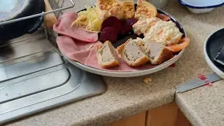 Early evening  ham salad 🥗 with jacket potato 🥔 and beetroot with quiche Lorraine and cheese enjoy