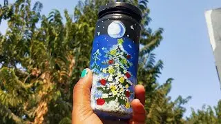 #cristmaspainting🤩 painting on glass bottle 🌌 ll diy acraylic painting ll 😍 snow night painting