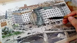 The Dancing House, Prague | Ink & Watercolor Time Lapse
