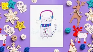 Как нарисовать милого КОТИКА для детей / Зимние рисунки/ Уроки рисования маркерами