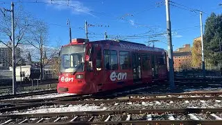 Sheffield Supertram in the snowy Park Square Junction