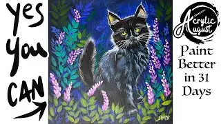 Black Kitten night Garden 🌟🎨 How to  Paint tutorial for Beginners: Acrylic August | Day 31