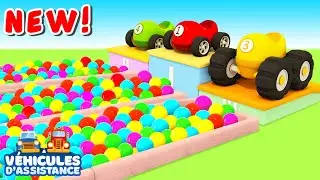 Le camion-transporteur & les Véhicules d'assistance. Dessin animé pour enfant. Le saut en longueur