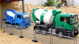Concrete mixer truck and toy bridge construction vehicle