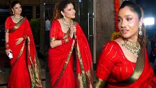 Ankita Lokhande Looking Absolute Marathi Mulghi In Red Saree With Nath @ Her Ganpati Celebration