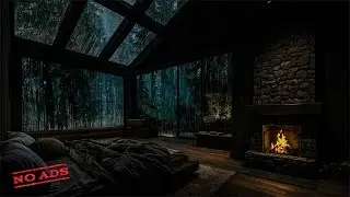⚡Super Rain in a Glass Forest Room | Crackling Fire & Heavy Rain for Deep Sleep and Insomnia Relief