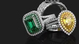 3D Animation of Emerald, Citrine and Diamond Rings