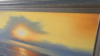 Sunset Ocean Painting by Lynn with Blue and Gray Frame 36in x 24in Great Condition