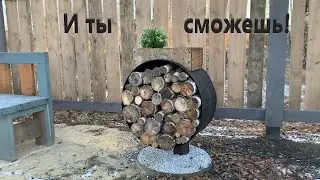 An unusual woodpile with a flower bed and a bird feeder!