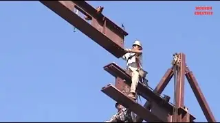 Extremely dangerous process of installing high-rise steel frames. Steel structure &fabrication works