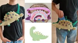 Tutorial Crochet Sling Bag - Dino, Crochet Dinosaur Fanny Pack, Plush Gift Bag.