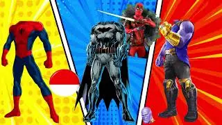 Spider Man Batman Thanos Deadpool Cutting off heads Guess the superhero