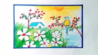 বসন্ত কালের দৃশ‍্য | Spring Season Village Scenery | বসন্তকালের গ্রামের দৃশ্য আঁকা রং করা | Drawing