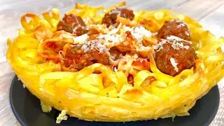 Паста Фетучини с фрикадельками на съедобной тарелке/Fettuccine with meatballs on an edible plate