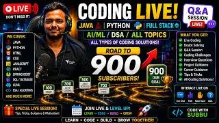 Coding  LIVE | Java, Python, Full Stack, AI/ML & DSA | Road to 900 Subscribers 🚀 