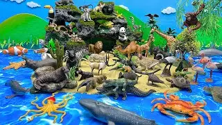 Diorama Island With Animals And Water Sea Animals | panda Lion Flamingo Octopus Fish leopard