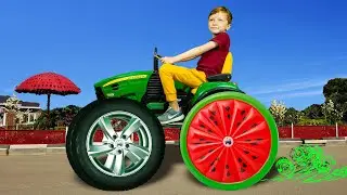 Leo's tractor wheels have fallen off, Dad is trying on different new wheels on the tractor