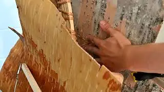 Stitching a bark panel with spruce root
