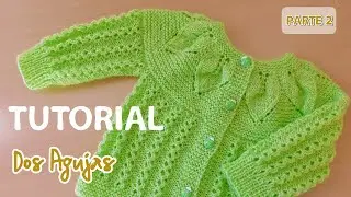 Como tejer un Saquito, Jersey, Chambrita para bebe a dos agujas. Canesú Hojitas. Parte 2 de 2