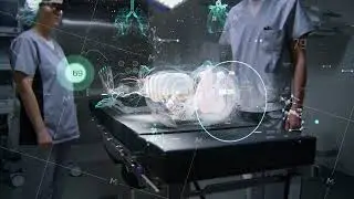 Surgeons in AR headsets. 3D graphics of human skeleton and organs