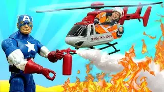 Игрушки Супергерои соревнуются на пожарной станции! Мультфильмы про машинки и герои Марвел