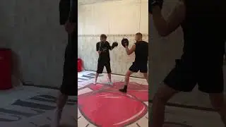 Двухударная комбинация с шагом в сторону (правый прямой в живот, левый боковой в голову)