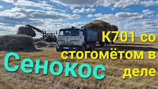СЕНОКОС. К701 СО ГРЕЙФЕРОМ-СТОГОМЁТОМ ЗАПОЛНЯЕТ СЕНОВОЗКУ. СЕЗОН 2023