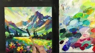 Relaxing Step-by-Step Acrylic Painting Demonstration of Mountain Lake & Wildflowers